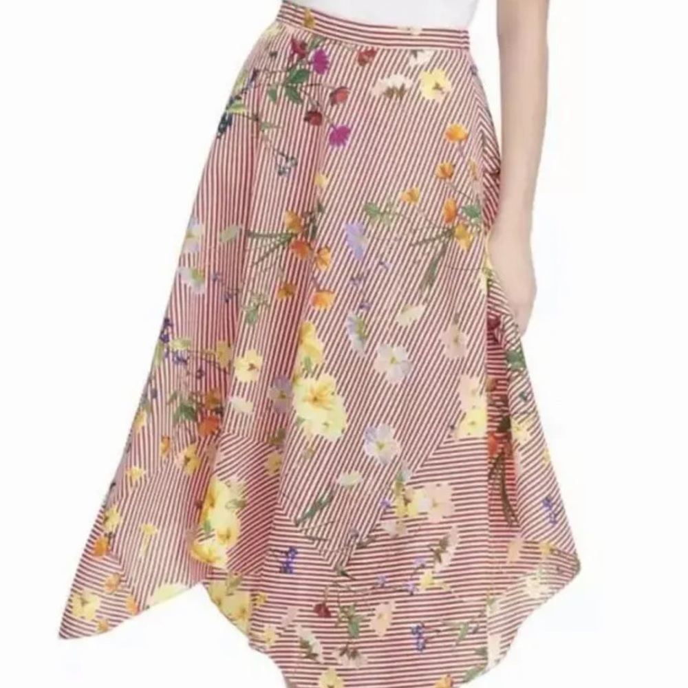NEW CALVIN KLEIN Red Striped Floral Midi Retro Vintage Skirt Size Large woman’s